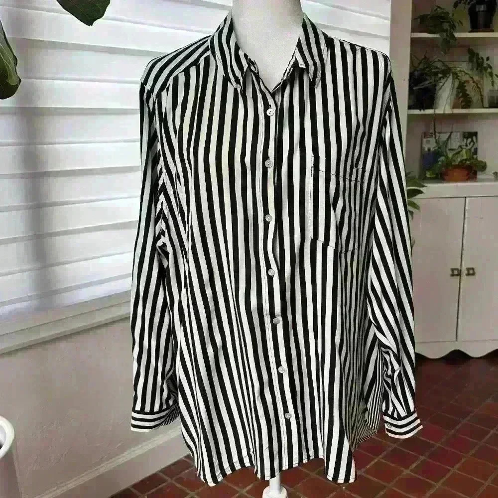 Jane and Delancey Black/White Stripe Button Front Shirt 2X